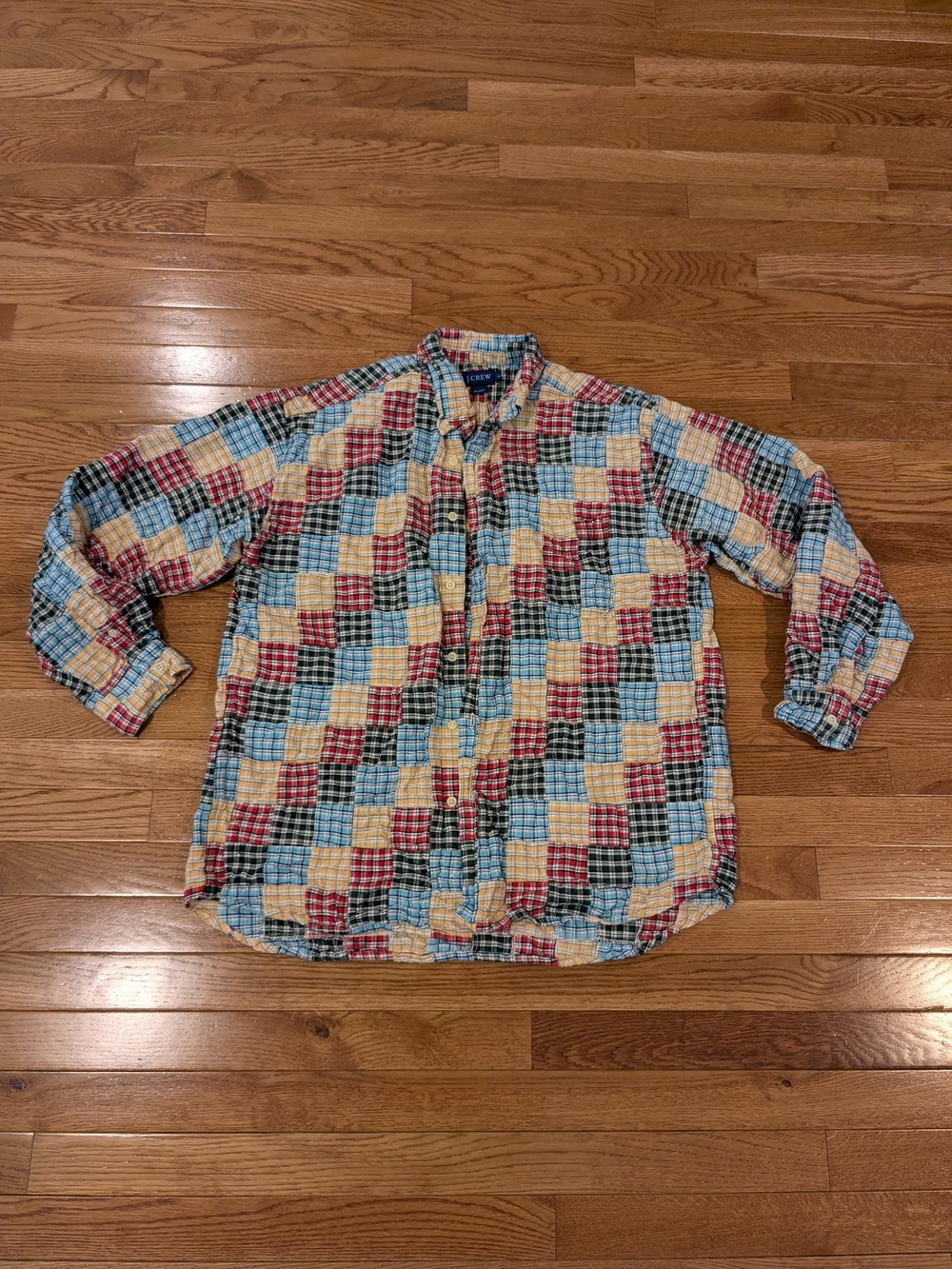 J. Crew Multicolor Patchwork Check Cotton Button-Down Shirt Men's Large